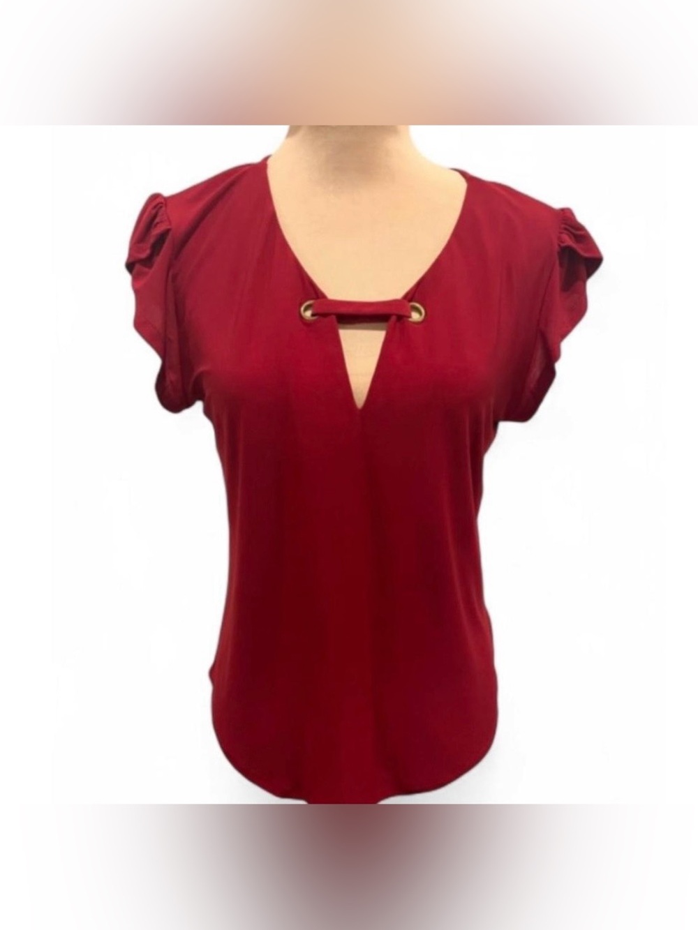 3/$11 Short Sleeved Red Flutter Sleeve Deep V-Neck Top with Grommet Accent